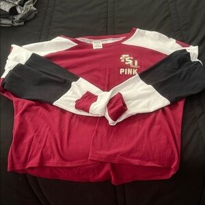 PINK Victoria's Secret Maroon, Black, and White Long Sleeve Tee
